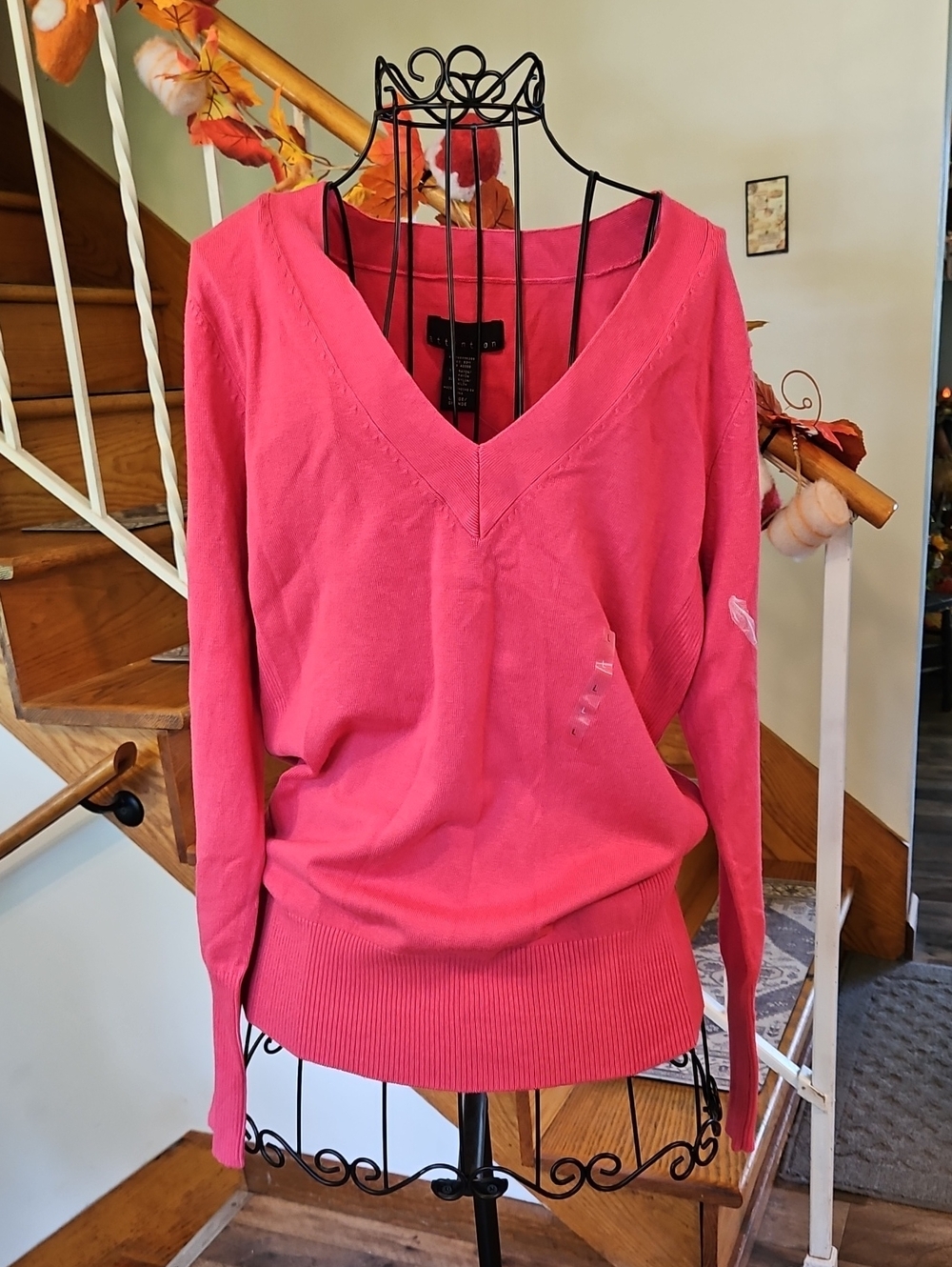 👚attention Hot Pink V-Neck Long Sleeve Sweater
